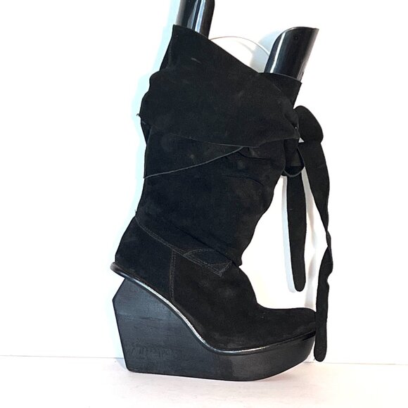 Jeffrey Campbell Black Suede Wedge Adjustable Wrap Boots Sz 8 - Picture 1 of 15